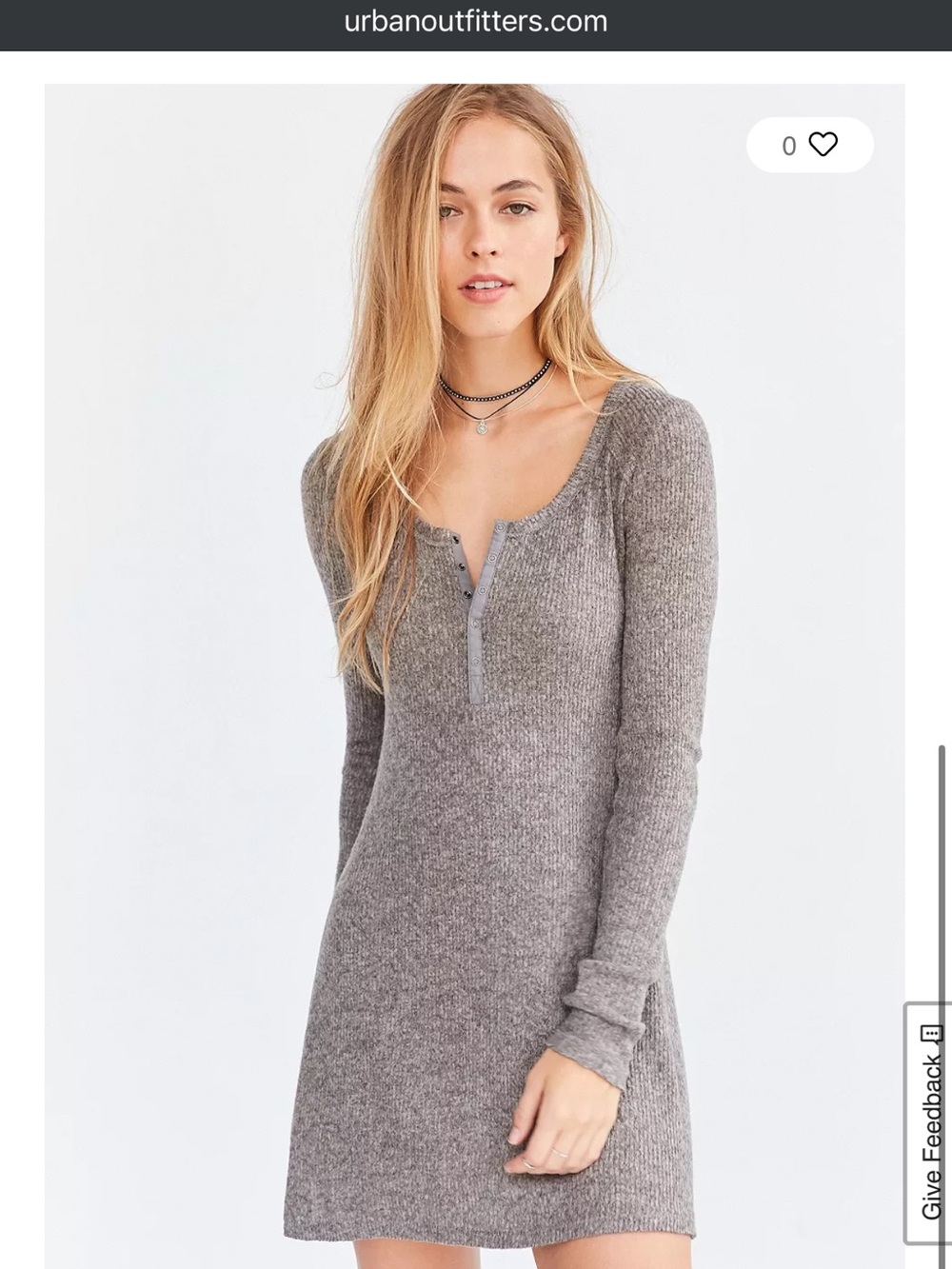 BDG Cosy Grey Henley Long-Sleeve Mini Dress